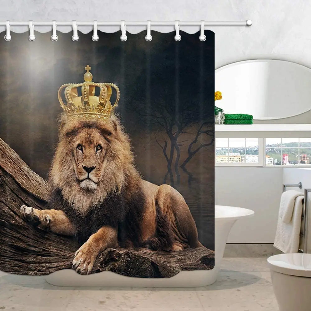 

Animal Shower Curtain Large Cat Lion with Crown Polyester Fabric Bathroom Bath Liner Set with Hooks Bathtub Curtains