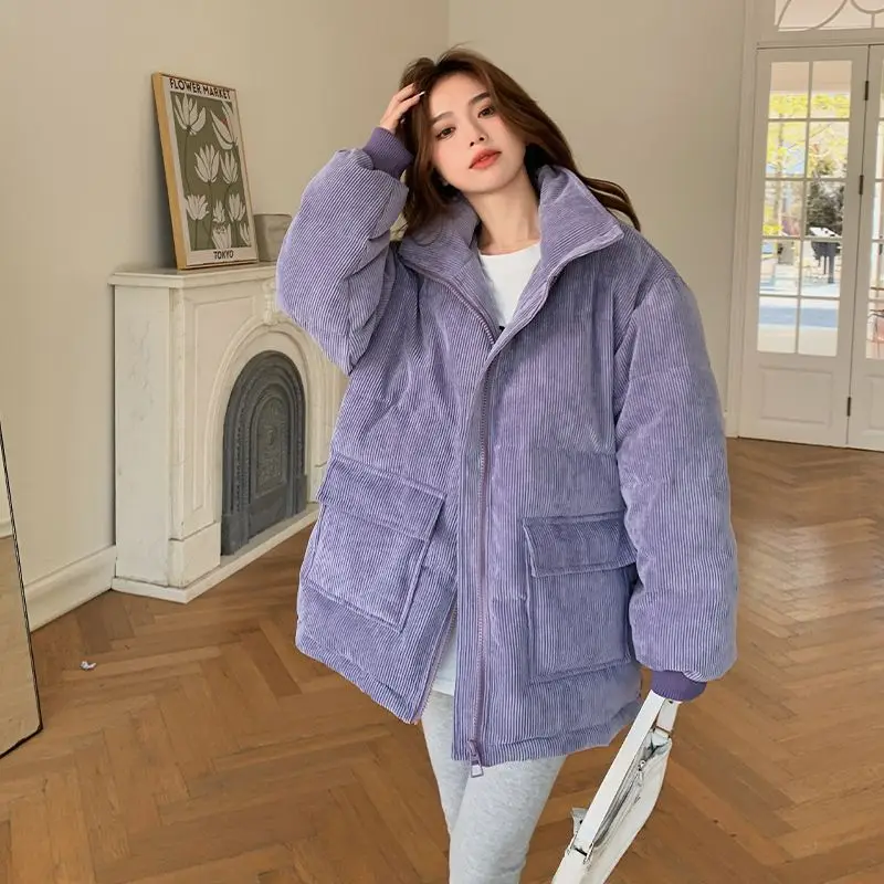 Purple corduroy jacket women y2k Korea fashion standing collar thickened fashionable cotton clothing cotton short S M X XL