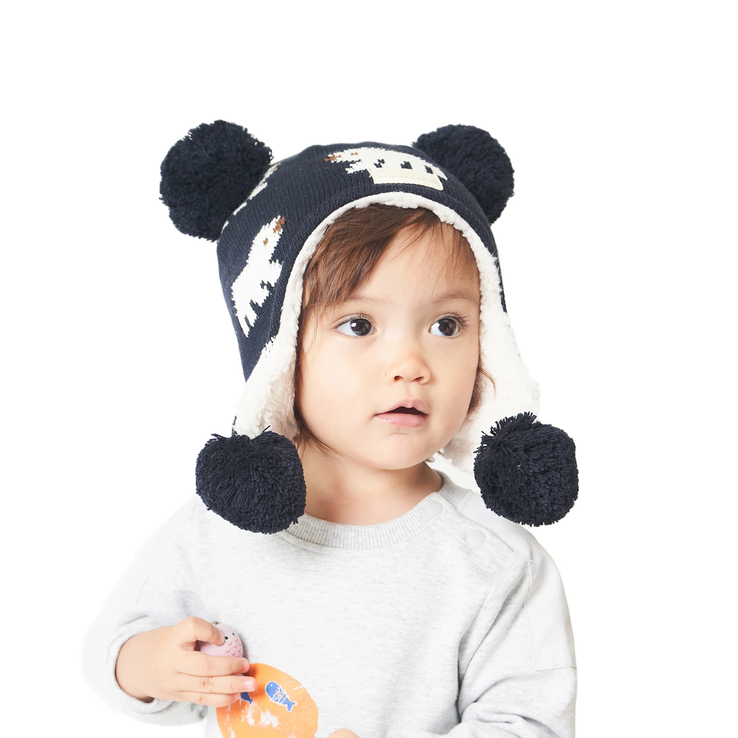 

Baby Winter Knit Earflap Hat Kids Toddler Warm Hat Infant Boys Girls Bear Crochet Fleece Lined Double Pompom Skull Beanie Hat