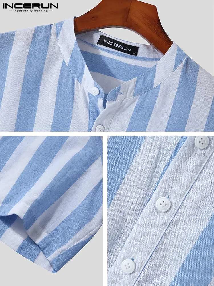 INCERUN Tops 2022 Handsome All-match Men's Short Sleeve Half Open Shirts Summer Male Casual Streetwear Style Stripe Blouse S-5XL