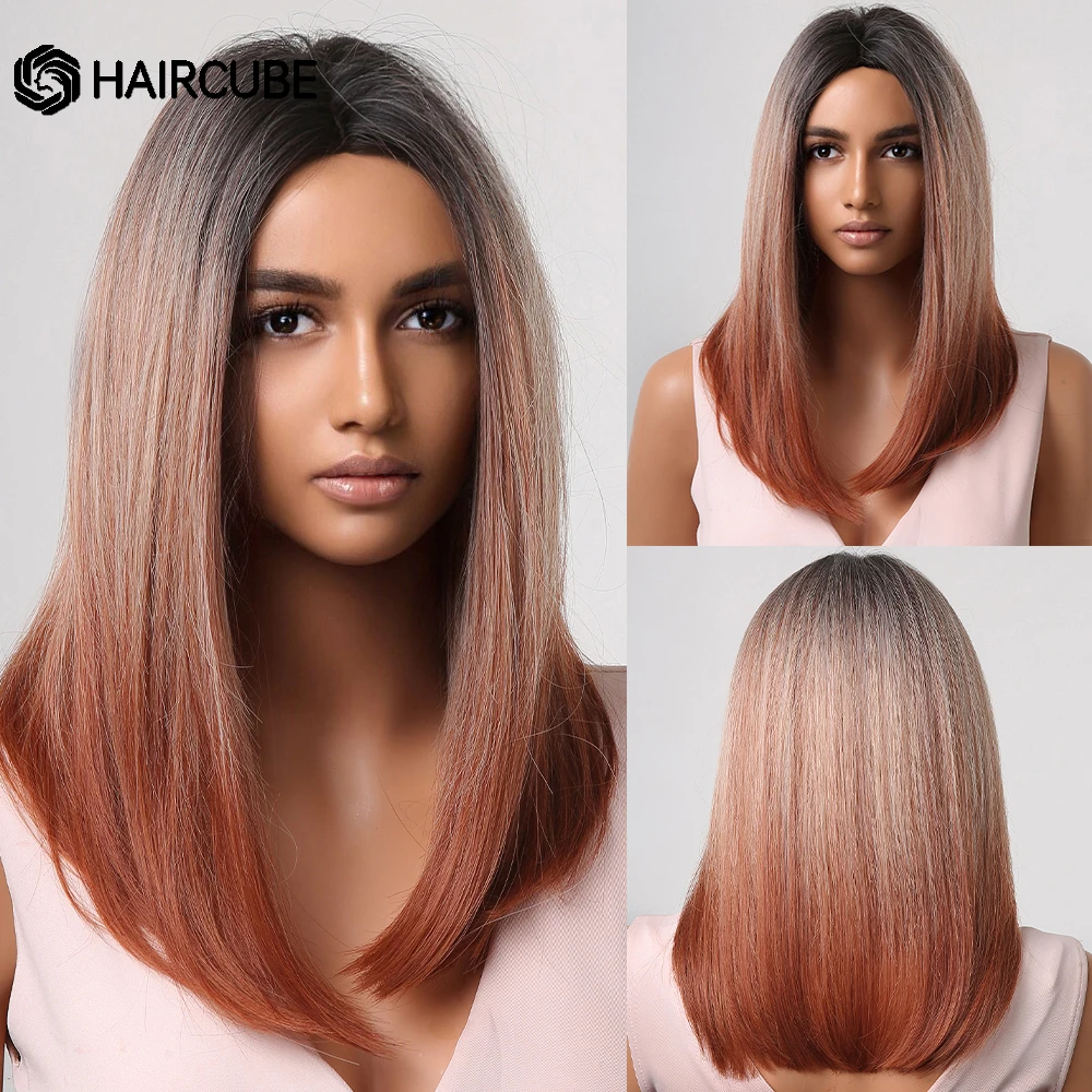 

HAIRCUBE Long Straight Synthetic Wigs Ombre Black Red Gray White Middle Part Natural Wigs for Women Daily Cosplay Heat Resistant