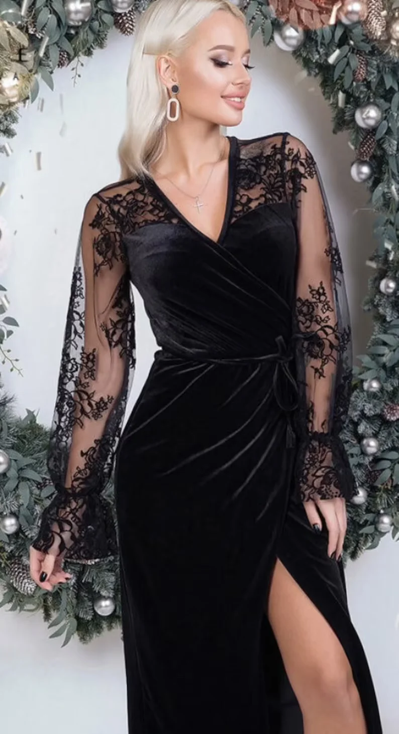

Elegant Prom Black Dresses Sexy Slim V Neck Lace Stitching Velvet Tea Length Robe De Soire Cocktail Vestidos Wedding Party 2021