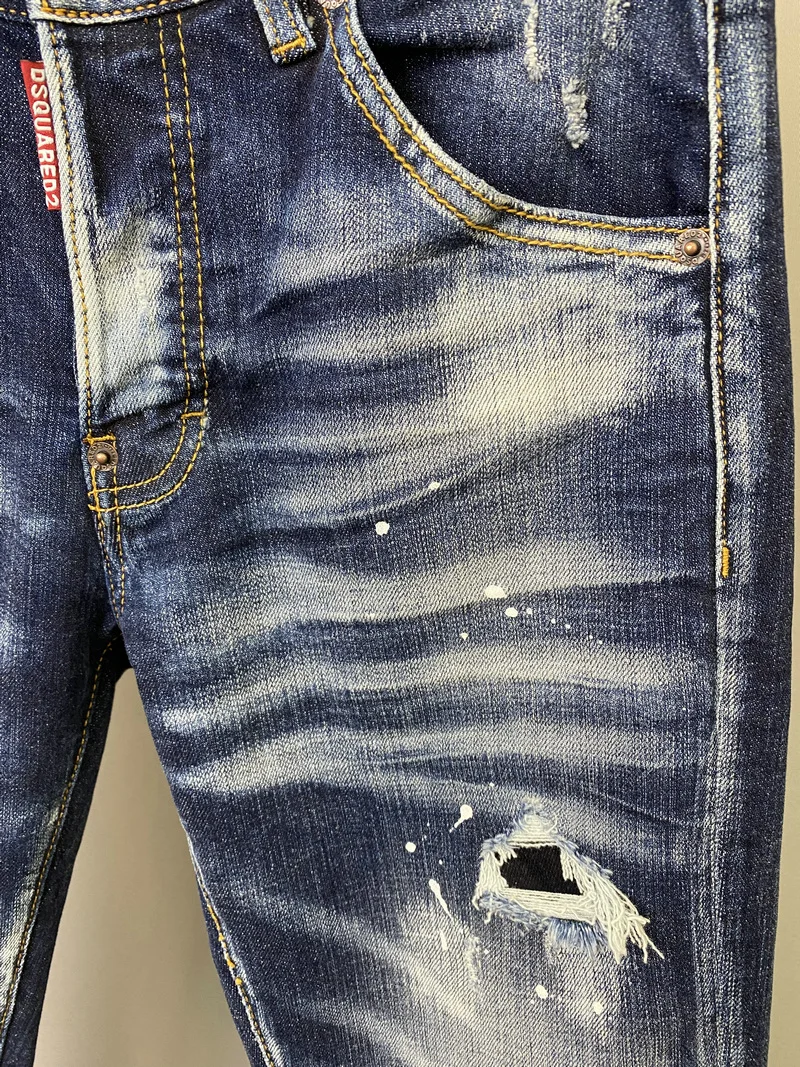 NEW Men‘'s Dsquared2 Buttons Jeans Ripped For Male Skinny  Pants Men's Denim Trousers Top Quality Slim Jeans 9826