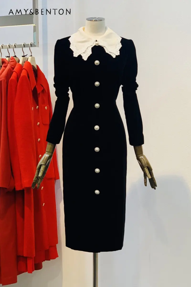 

Spring Autumn New Temperament Commute Slimming Dress Black Lace Double-Layer Collar Single-Breasted Pleuche Dress for Women