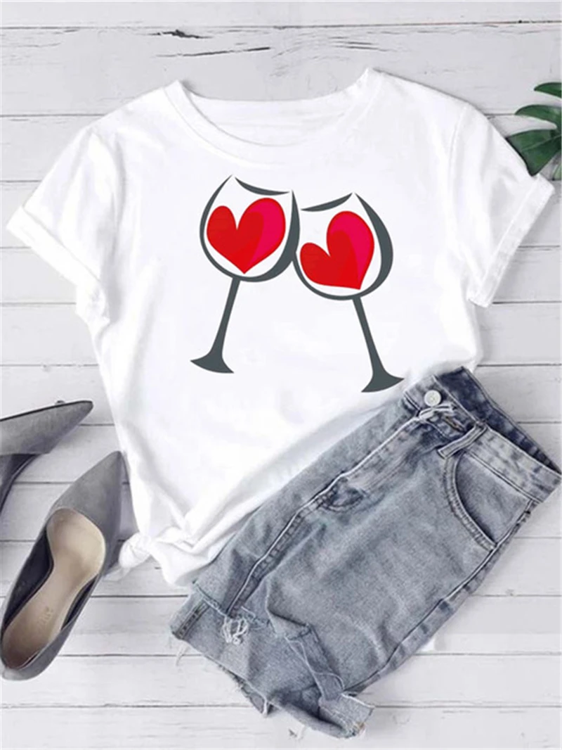 

ZOGANKI Fashion Street Wine Love Heart Women Casual Tops New Fashion White Tops Summer Round Neck Women's Short Sleeve Tops Tee