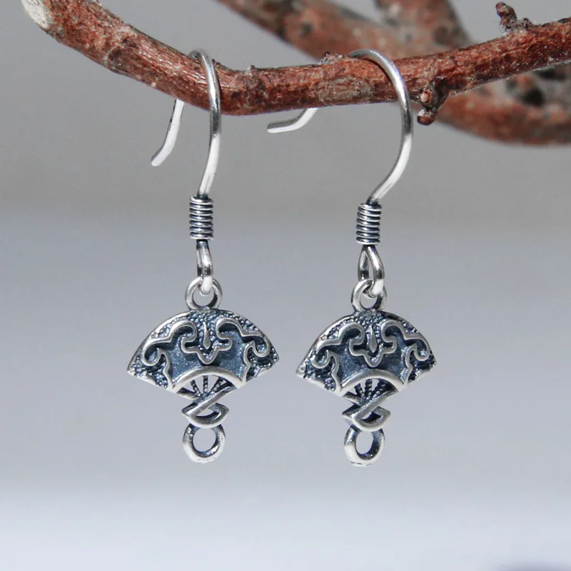 

Chinese Style Small Fan Earrings Vintage Craft Handmade DIY Ear Rings Ethnic Style Thai Silver Earrings for Women