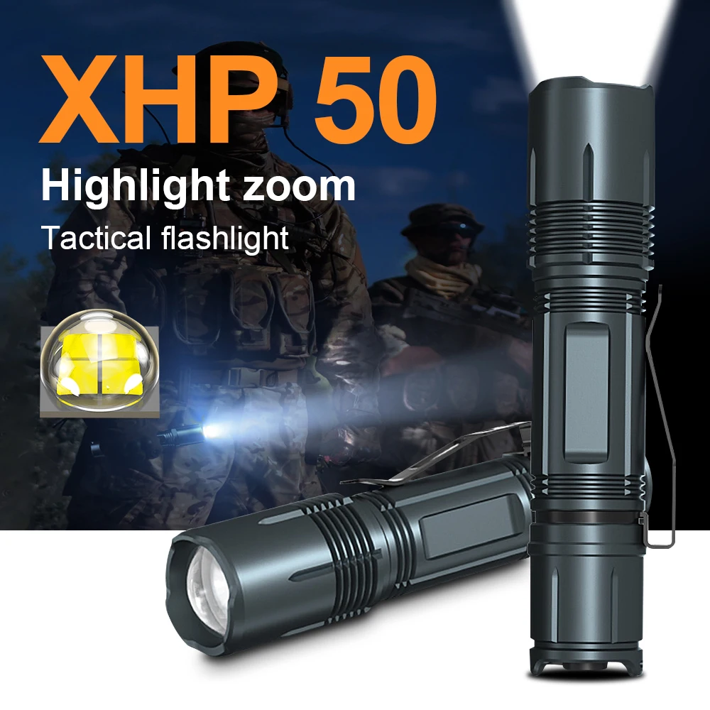 

Newest Rechargeable LED Flashlight XHP50 Powerful Torch Light High Power Tactical Flashlight 18650 USB Waterproof Camping Lamps