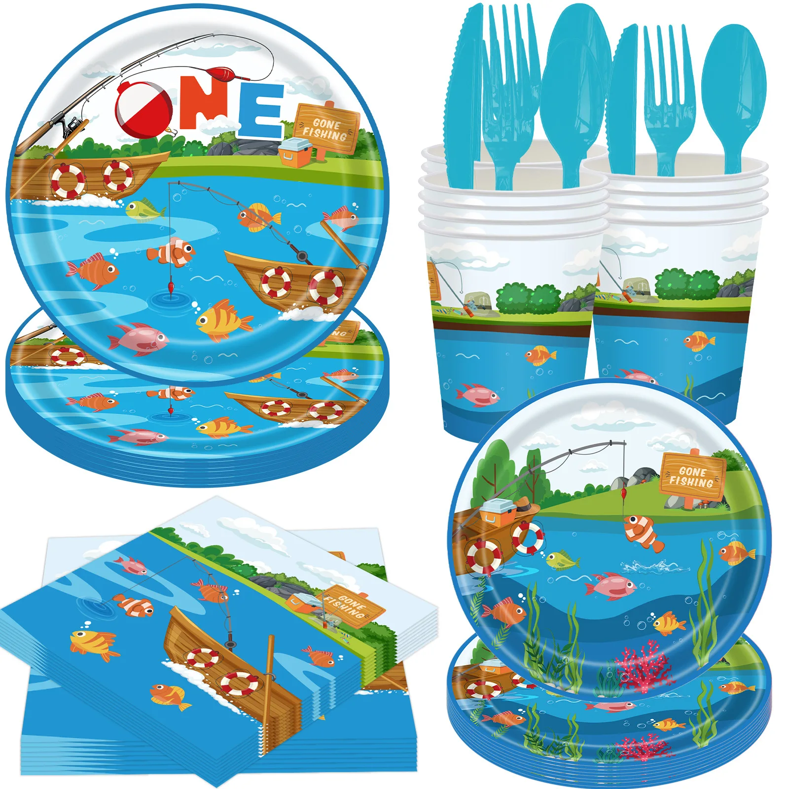 

Blue Outdoor Fishing Camp Birthday Party Paper Disposable Tableware Sets Plate Napkins Tablecloths Baby Shower Party Decorations