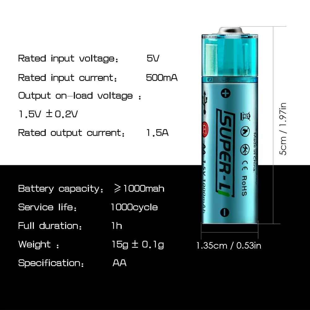 Перезаряжаемая литий-ионная батарея 1000mAh USB |