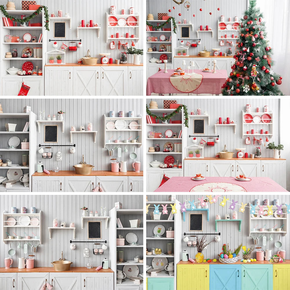 

Christmas Modern Kitchen Photography Backdrop Retro Wood Wall Cook Decorations Background Studio Newborn Baby Portrait Props
