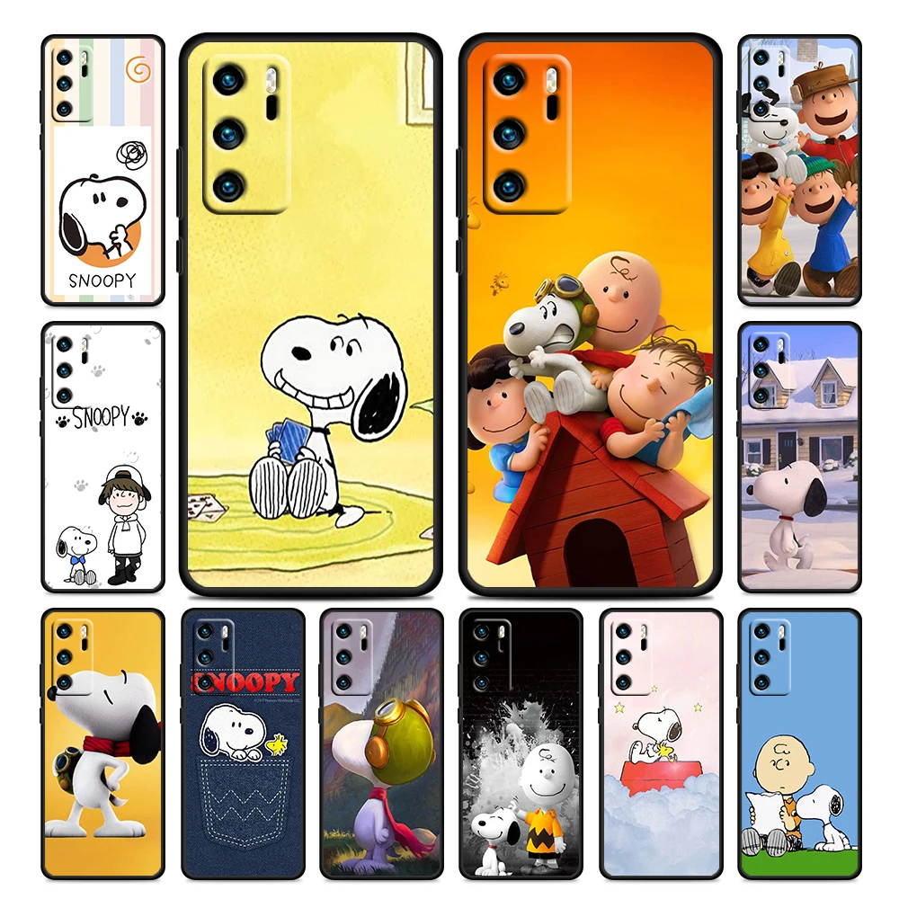 

Snoopy Dog Cartoon For Huawei P50 P20 P30 P40 5G P10 Pro Lite E Plus P9 Lite Mini Silicone Soft TPU Black Phone Case Cover Capa
