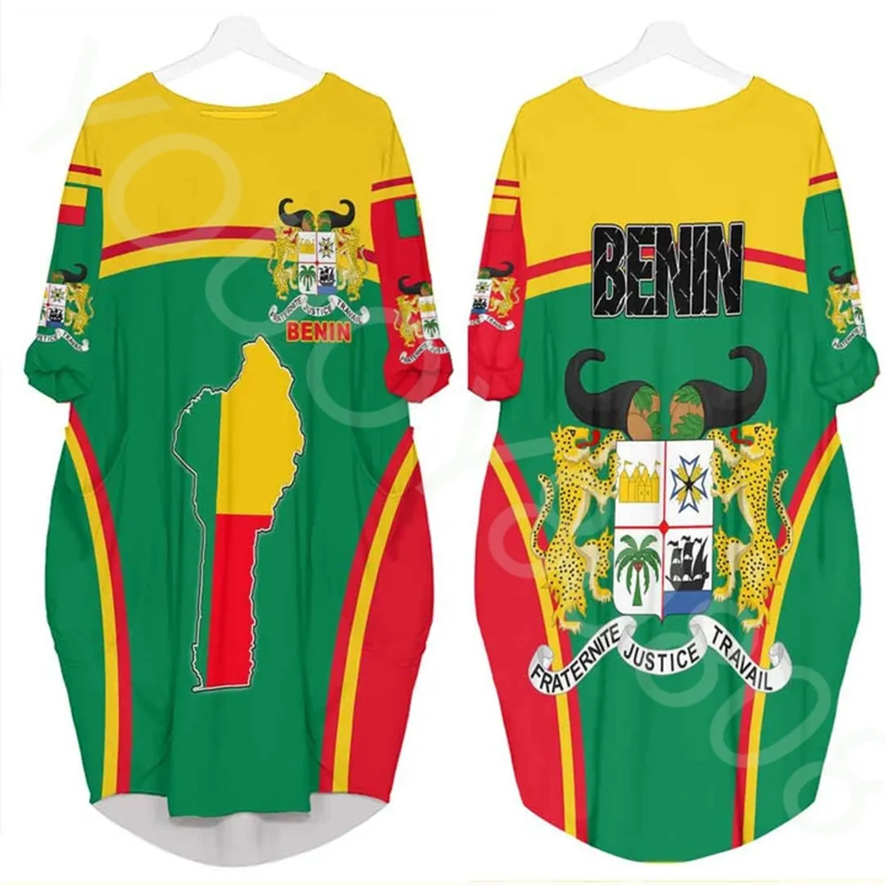 

African District Women's Spring Autumn Dress Printed Long Sleeve Dress Fashion - Benin Active Flag Batwing Pocket Dress