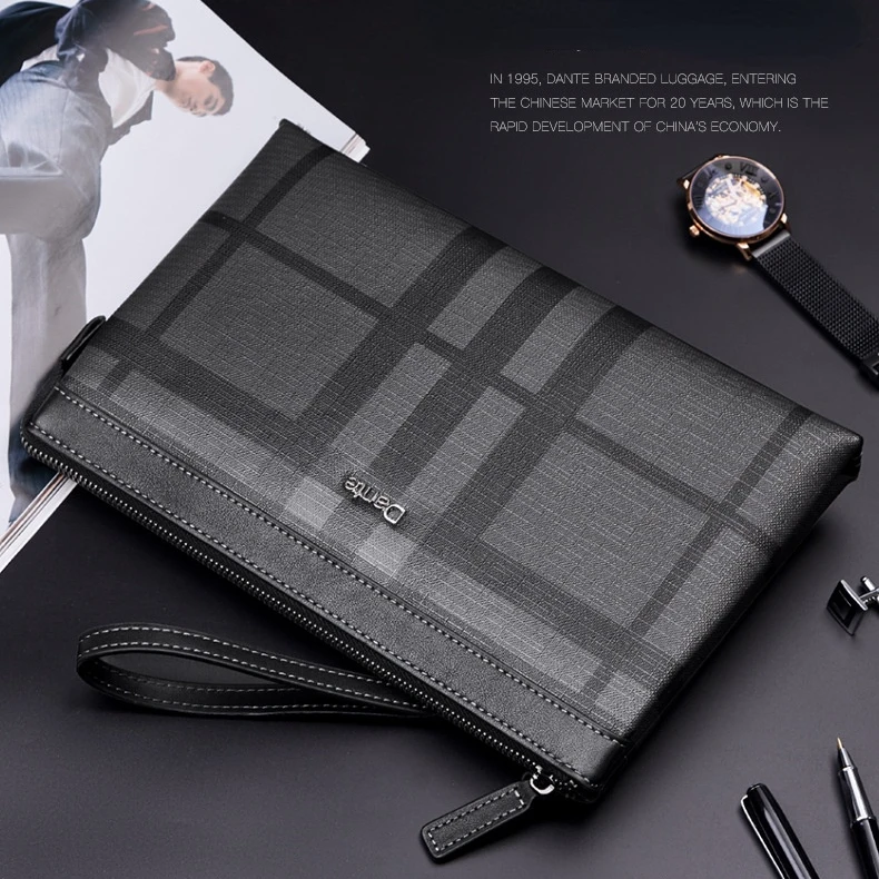 

Leather Striped Men's Handbag Business Casual Luxury Envelope Bag Portable Zipper Passport Change Storage Bag