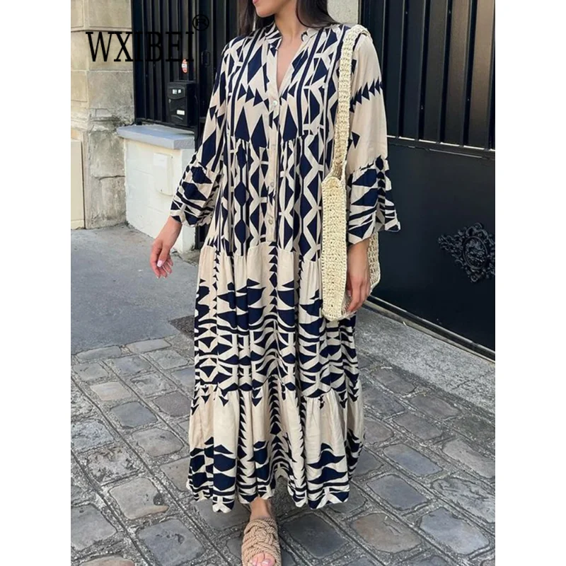 

WXIBEI Elegant Summer Maxi Dress Women Vintage Geometric V-neck Boho Beach Long Dresses 2023 Casual Streetwear Female Robe FC780