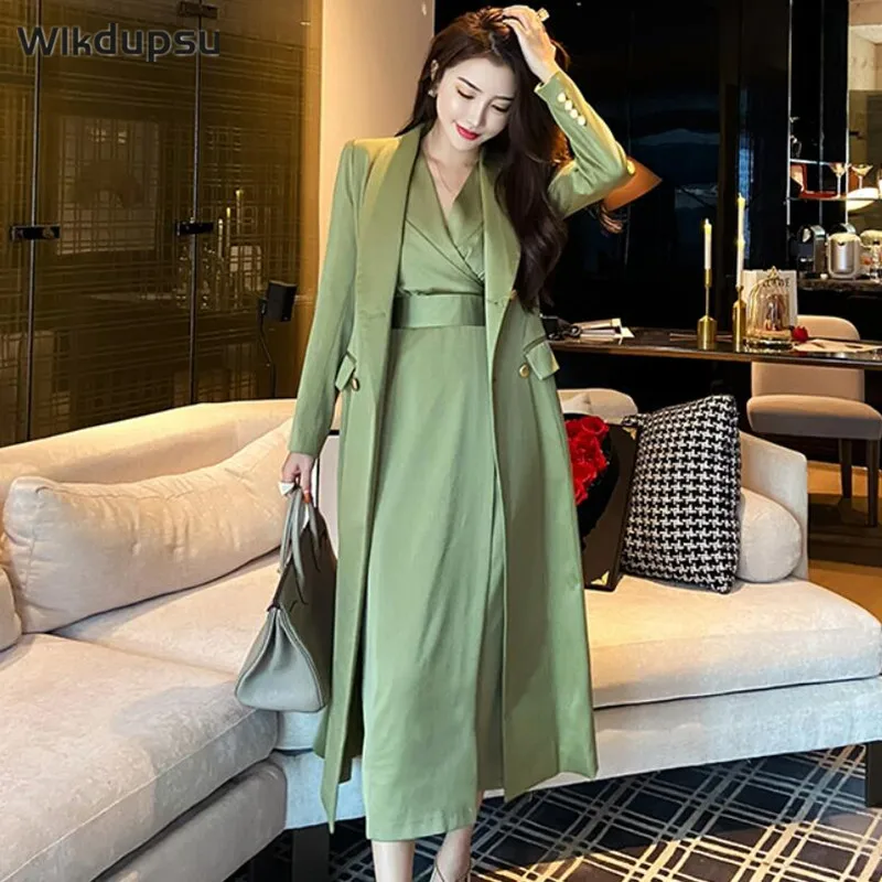 

Новинка 2023, модное осеннее роскошное платье с длинным рукавом, женское элегантное винтажное двубортное длинное платье-Тренч, женская одежда