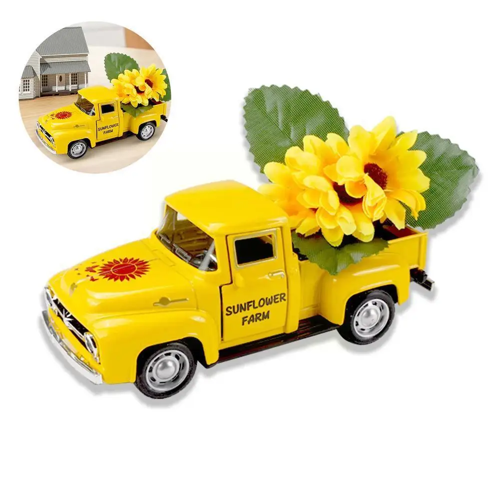 

Vintage Mini Yellow Metal Truck Farmhouse Decoration Flower With Sunflower Artificial Yellow Tray Truck Decoration Layered L7a0