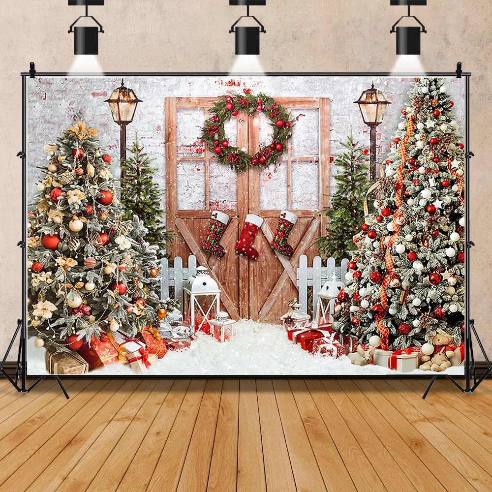 ZHISUXI Christmas Tree Window Wreath Photography Backdrop Wooden Doors Snowman Cinema Pine New Year Background Prop ANT-01