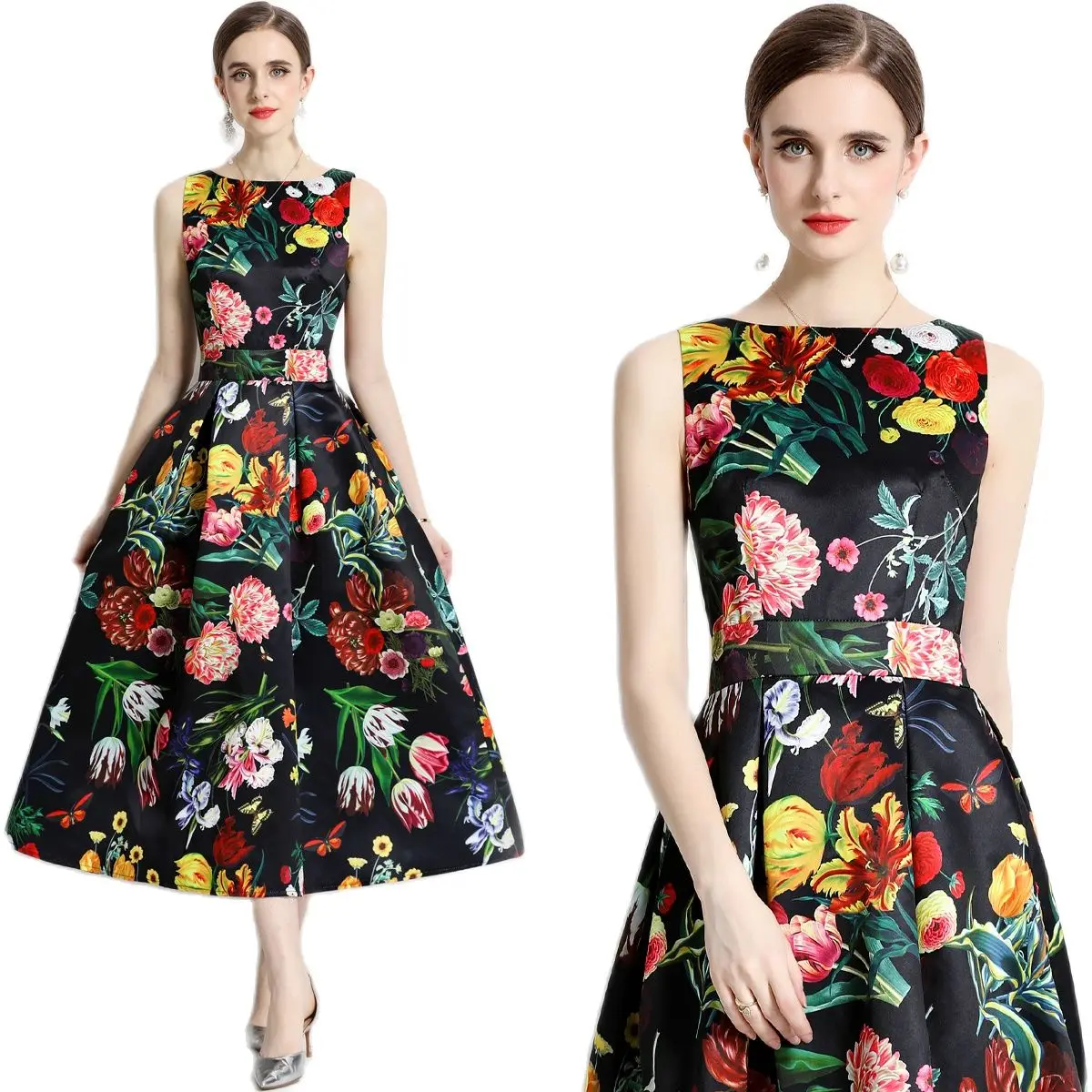 

Sleeveless Floral Summer Midi Black Dress 2023 Women Designer Vacation Fashion O-Neck Slim A-Line Party Vest Dresses Ballgown