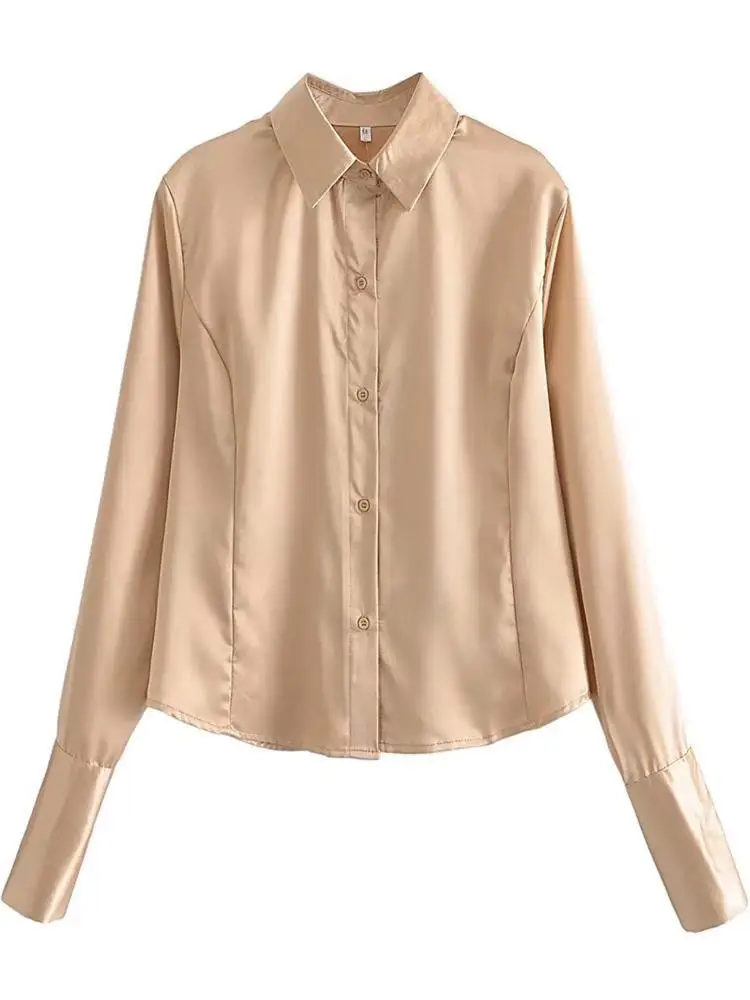 

TRAF Women 2022 Fashion Soft Touch Fitted Shirt Retro Lapel Collar Long Sleeve Button Up Female Blouses Streetwear