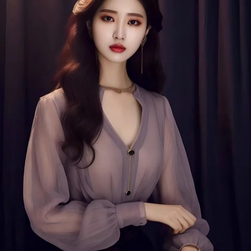 Блузка женская шифоновая в стиле ретро роскошная сухая рубашка фиолетового