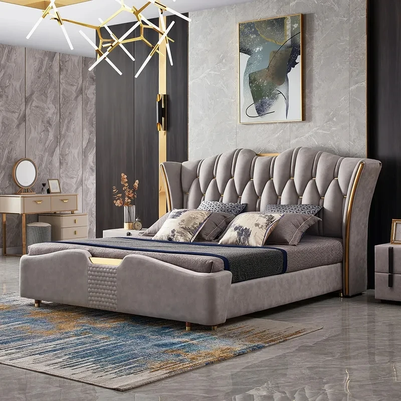 

Italian Luxury Bedroom Furniture King Size Tufted headboard Bed Modern High End Leather Upholster Bed Frame