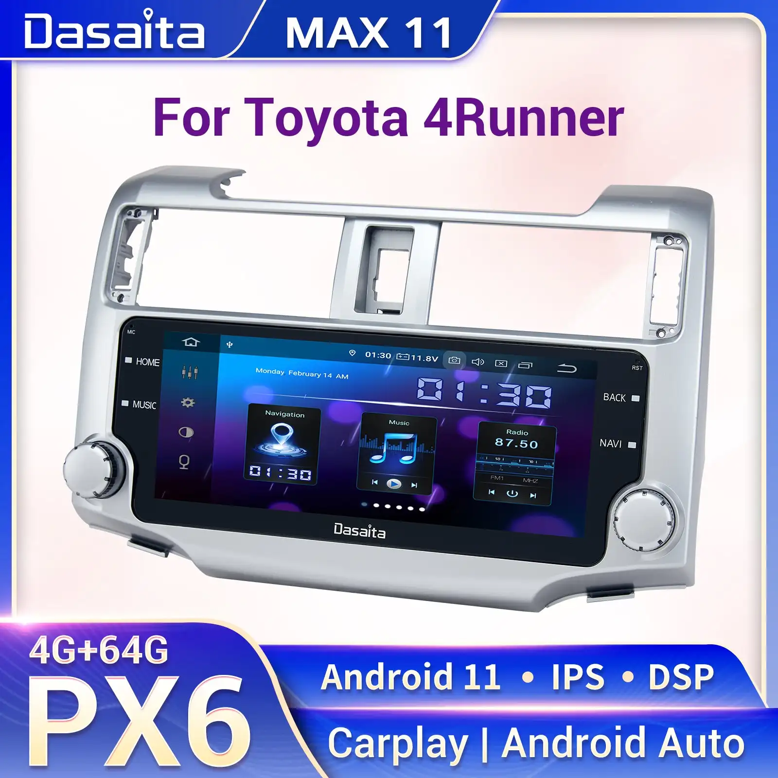

Dasaita Vivid11 Toyota 4Runner 2010 - 2018 Car Stereo 10.25" Carplay Android Auto PX6 4G+64G Android11 1280*480 DSP AHD Radio