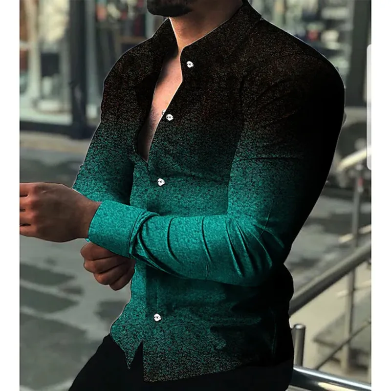 2023 Spring And Autumn Men's Shirt Lapel Single Breasted Shirt Casual l Gradual Color Change Long Sleeve Men's Clothing Top