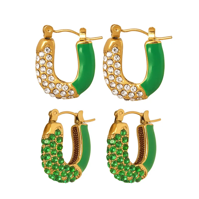 

Minar Vintage Contrasted Green Enamel CZ Zircon Hoop Earrings Waterproof Gold Silver PVD Plated Titanium Steel Earring for Women