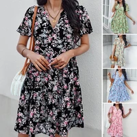 summer dress popular quick drying v neck women floral print ruffle stitching hem dress streetwear mini dress party dress