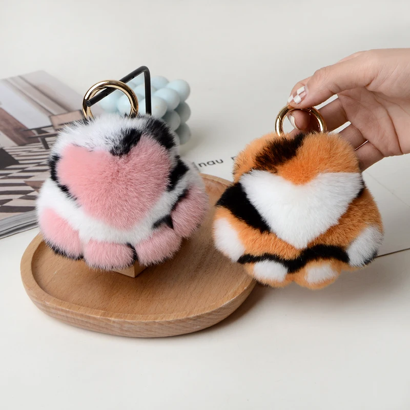 

Cute Cat Paw Key Chains Fluffy Real Rex Rabbit Fur Ball Pompoms Keychain Bear Paw Trinkets Women Bag Charms Ring Pendant Toy