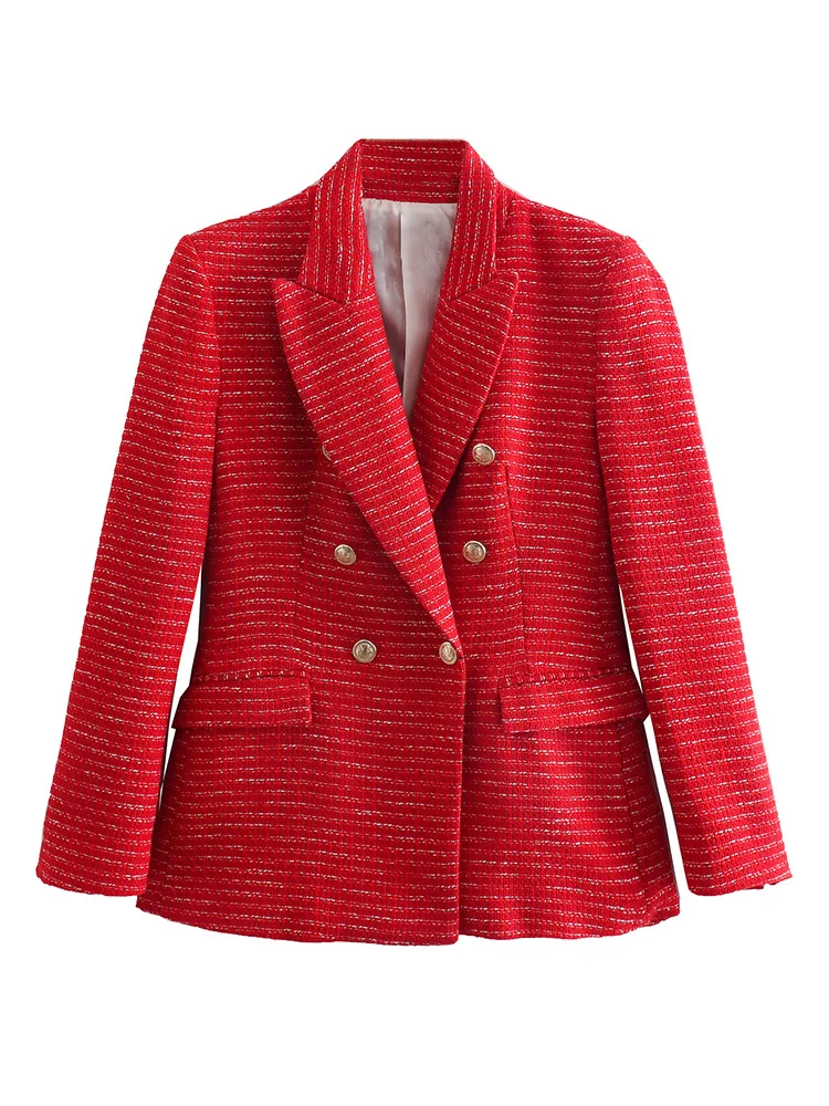 

Women Fashion Red Twill Blazer Coat Vintage Notched Collar Pocket 2022 Fashion Female Casual Jacket