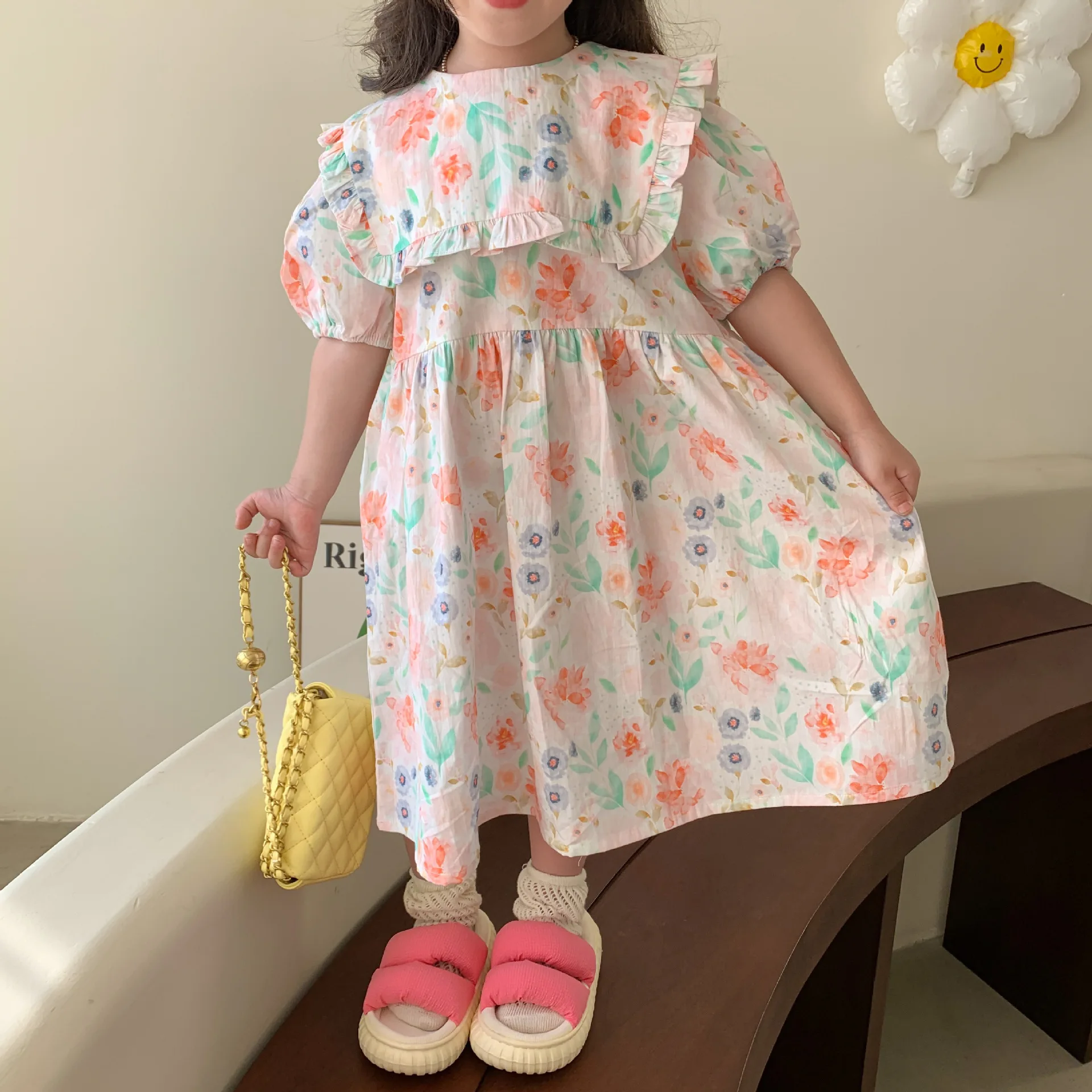 

1-6 Year Girls Floral Dress Summer Short Sleeve Princess Dress Cute Flower Print Girls Dresses Cotton Children Casual Dress