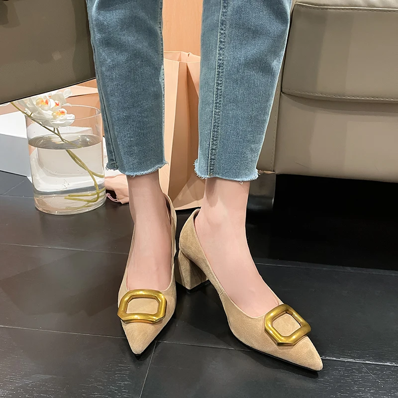 34-39 pink pointed frosted sheepskin metal buckle high heeled sheepskin insole thick heeled women's shoes