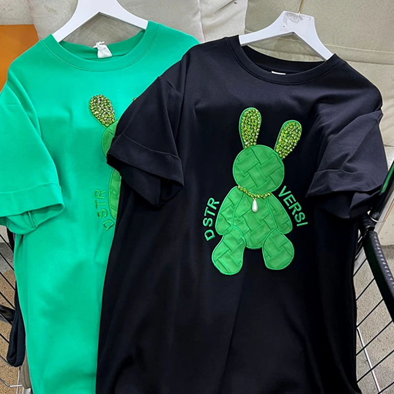 

High Quality Crystal Embroidery Rabbit Cute T Shirts Kawaii comfort Cotton Tee Tops 2022 Summer Large 2XL Casual Ladies Harajuku