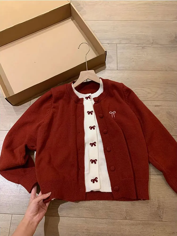 Корейская серия с бантом красный искусственный кардиган из двух предметов