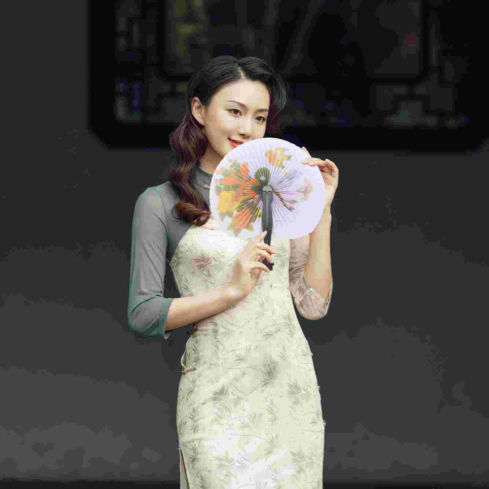

Fan Folding Fans Hand Handheld Chinese Vintage Floral Foldable Paper Flower Dancing Round Styletradition Dance Janpanese Holding