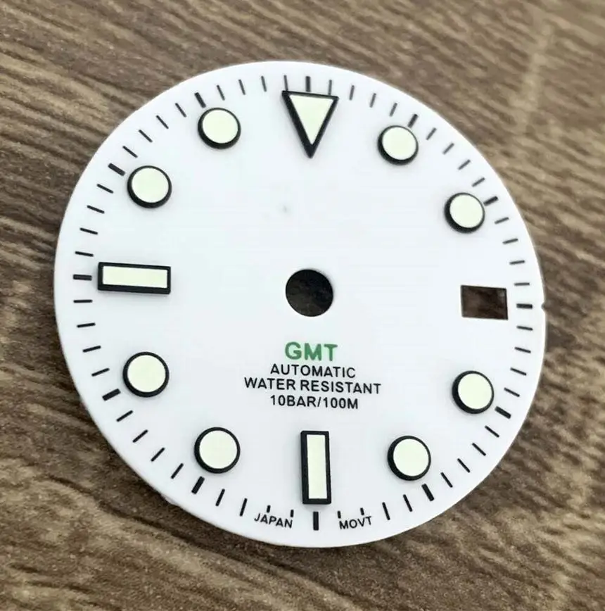 Watch Accessories 29MM Dial Enamel White Letter Dial Green Luminous GMT 4 Hands Dial for NH34 Movement