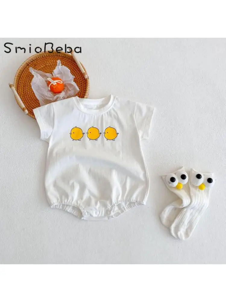 

2022 Summer Newest Romper Baby Children's Bodysuits Unisex Boys And Girls Cotton Chick Print Khaki Creeper Ropa Para Bebes 0-2Y