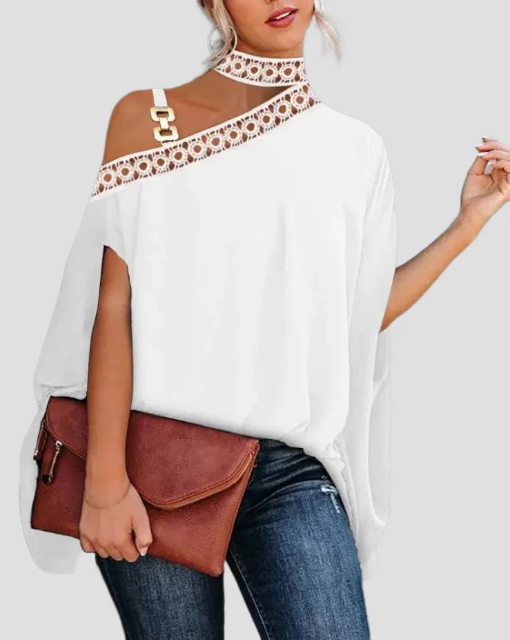 

Contrast Lace Batwing Sleeve Cold Shoulder Top Casual Blouses 2022 New Fashion Short Sleeve T Shirt Tops