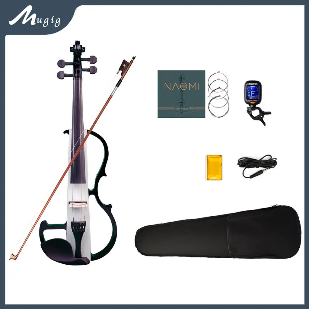 Mugig  4/4 Electric Violin Fiddle Student Solid Violin Starter Kit with Case+Bow+Rosin+Audio Cable+Tuner+Strings Silent Violin