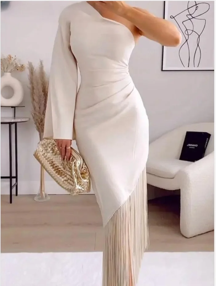 

Elegant Tassels Party Dress Women One-shoulder Slim Pleat Midi White Female Dresses 2023 Satin Hip Package Club Street Lady Robe