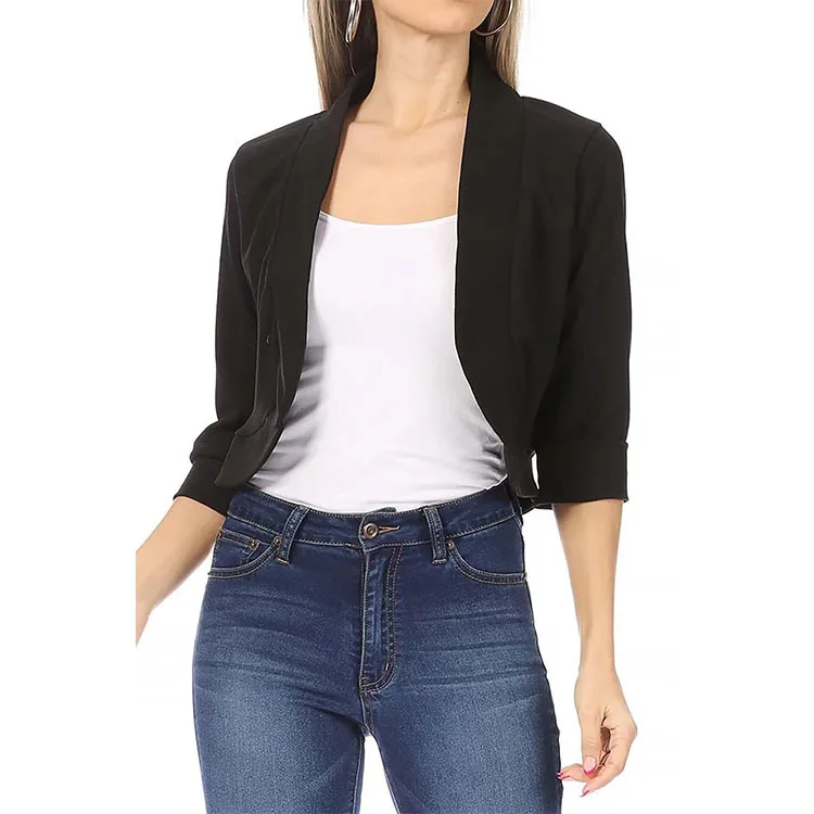 2023 Autumn Women's Blazer Stand Collar Three Quarter Sleeve  Black Short Blazers Female New Fashion Casual Office Clothes