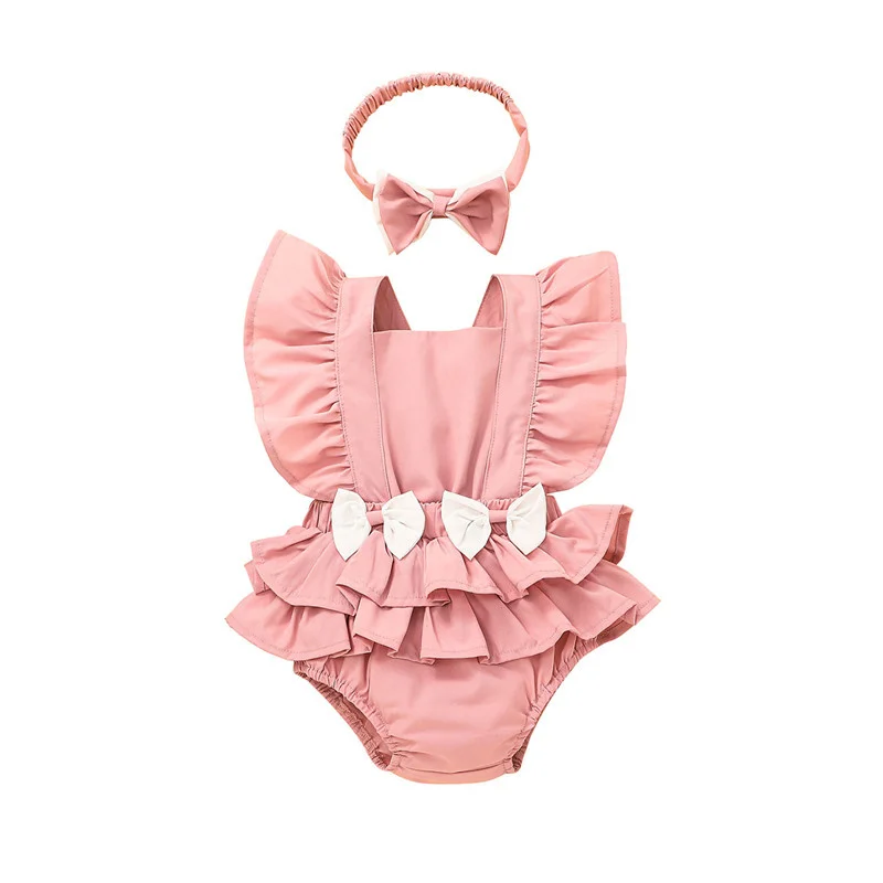 

Baby Girls Summer Outfits Solid Color Ruffled Sleeveless Cross Backless Casual Sweet Bowknot Rompers and Headband Newborn 0-18M