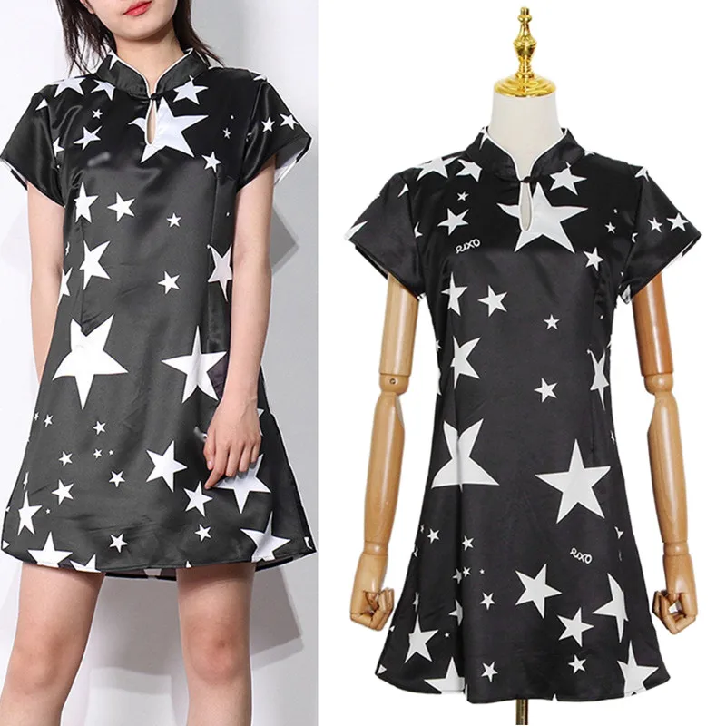 

Star Print Slim Dress for Women Stand Collar Short Sleeve Rise Waist Color Block Casual Dresses Female 2022 Style