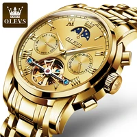 olevs top brand skeleton watch for man luxury automatic mechanical watch waterproof gold steel strap wristwatch luminous