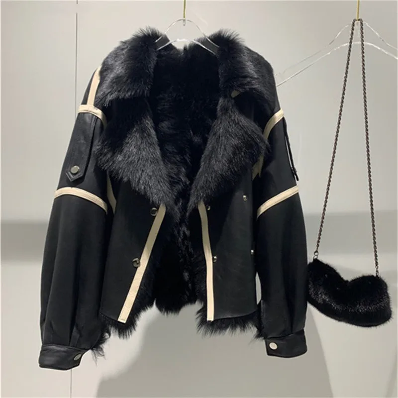 Winter New Women Sheep Wool Fur Real leather jacket sheepskin Double face Coat Oversized