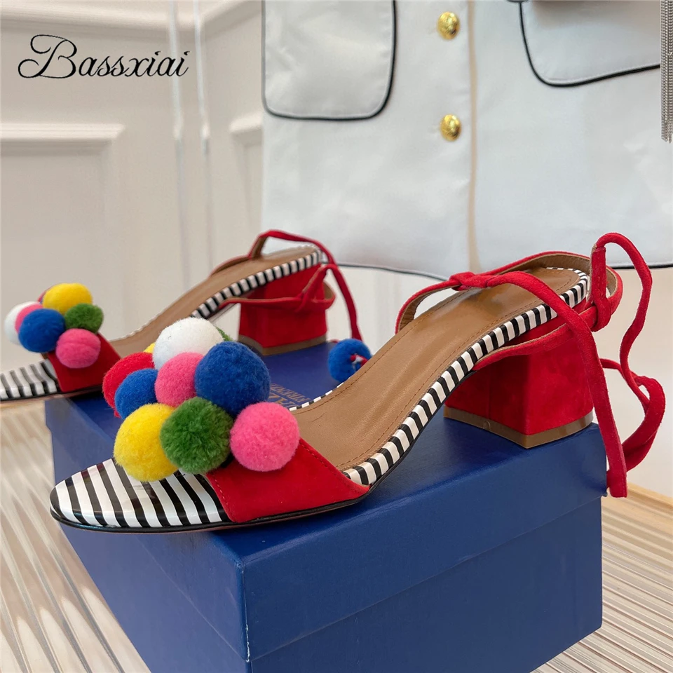 

Colorful Pompoms Decoration Modern Sandals Women Luxury Suede Ankle Wrap Open Toe Med Heel Party Shoes Summer