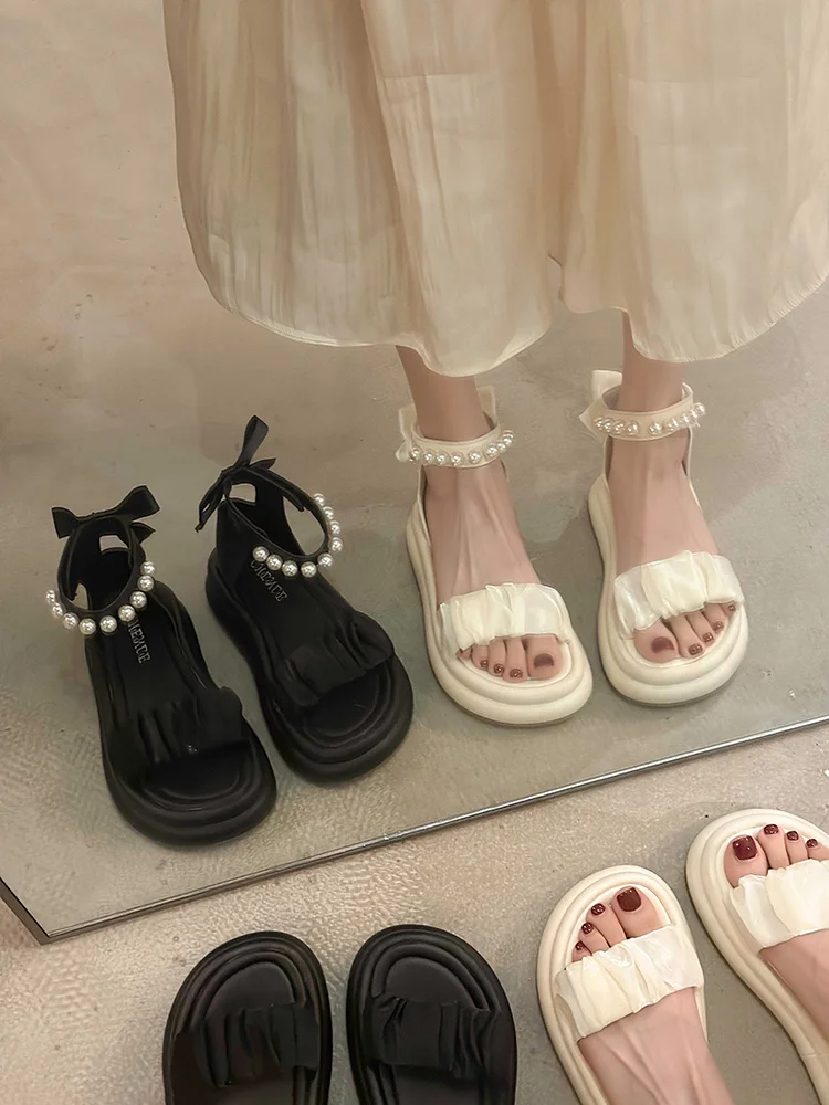 

Сандалии на танкетке женские, удобная универсальная обувь на среднем каблуке, прозрачная плотная обувь с черным жемчугом и бантом, бежевые, лето 2023
