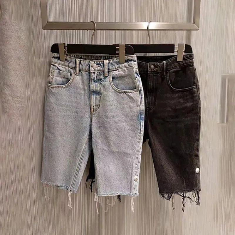 

High-end Brand New Product Personality Straight Slim Denim Waist Street Casual Raw Edge Five-point Pants Women X080