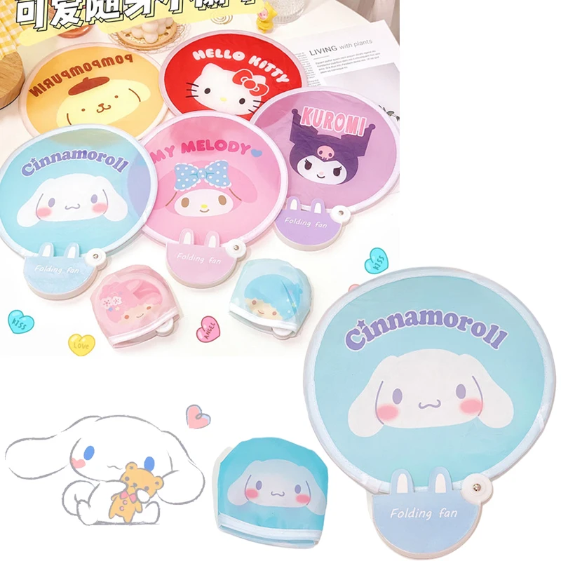 

Kawaii HelloKitty MyMelody Kuromi Cinnamoroll Portable Foldable Circular Fan Women Anime Sanrio Mini Shrink Fan Send Storage Bag
